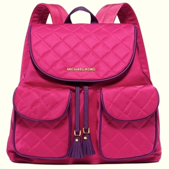 Michael Kors Handbags - Michael Kors Backpack Bag Quilted Diamond Ruby Pink Purple Nylon Drawstring B3A